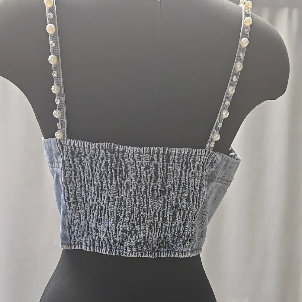 La'Rose Embellished Crystals Stones  Pearls Denim Crop Top Size Large - Picture 8 of 11